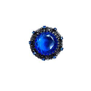 Austria Blue Rhinestone Brooch Gunmetal Silver Tone Round 1960s Vintage